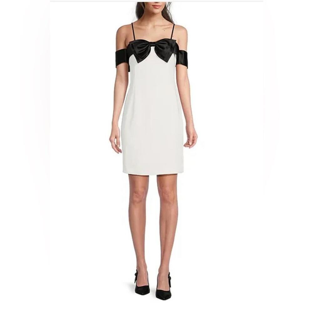 Alex Marie Cleo Black and White Block Off-The-Shoulder Bow Satin Mini Dress Sz 6